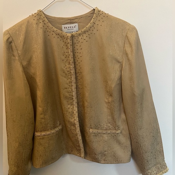 PAPELL BOUTIQUE EVENING 100% SILK JACKET. GOLD TONES W/BEADING. SIZE 14 PETITE - Picture 1 of 10